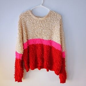 Woven Heart Colorblock Loop Knit Sweater Pink Red Cream Women’s Large Valentine